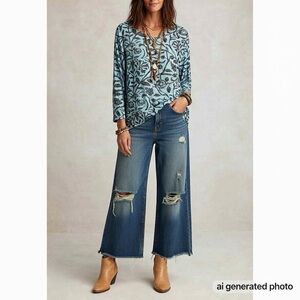 Tianello "French Batik" Floral Turquoise Tencel Rayon Lightweight Blouse Medium